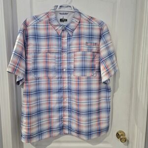 Habit Fishing Shirt Mens 2XL Blue Red Plaid Excellent Short Sleeve UPF 40+